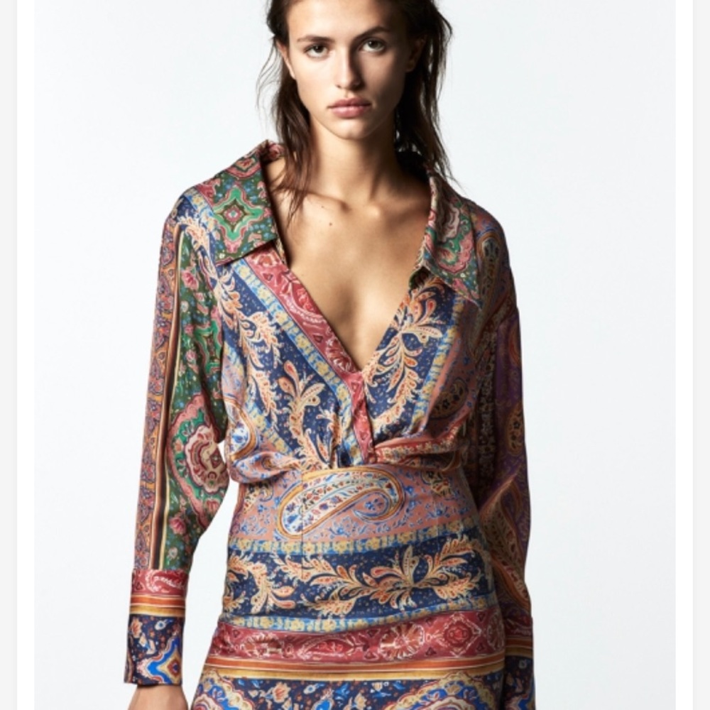 NWT ZARA Boho silk scarf print Long sleeve V-neck top